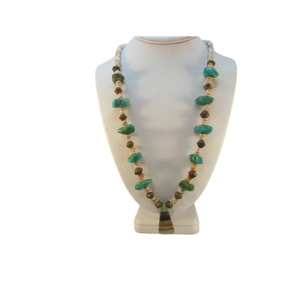 Southwestern Turquoise Nugget Brass Shell Pendant Necklace - Picture 10 of 16